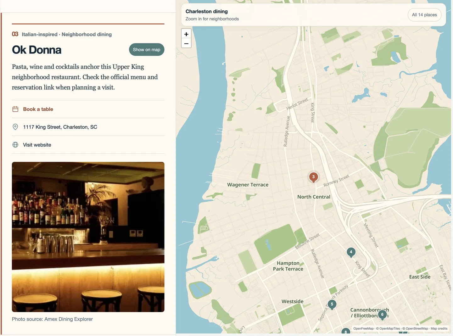 Preview of a Charleston restaurant entry beside its numbered map location
