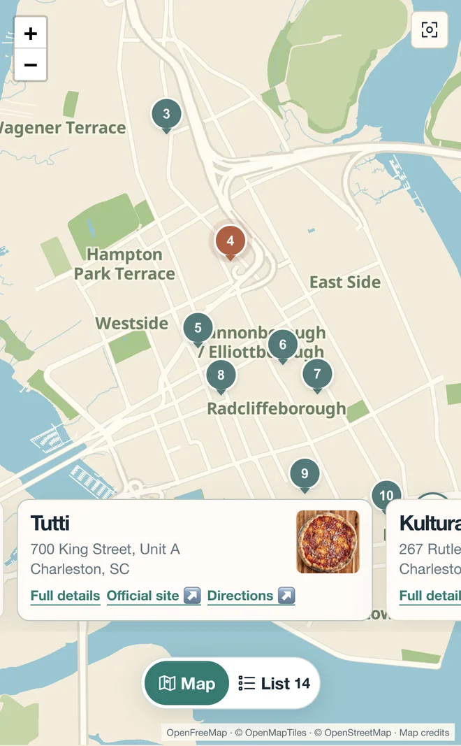 Phone preview of the Charleston map with numbered restaurant pins and a compact place card